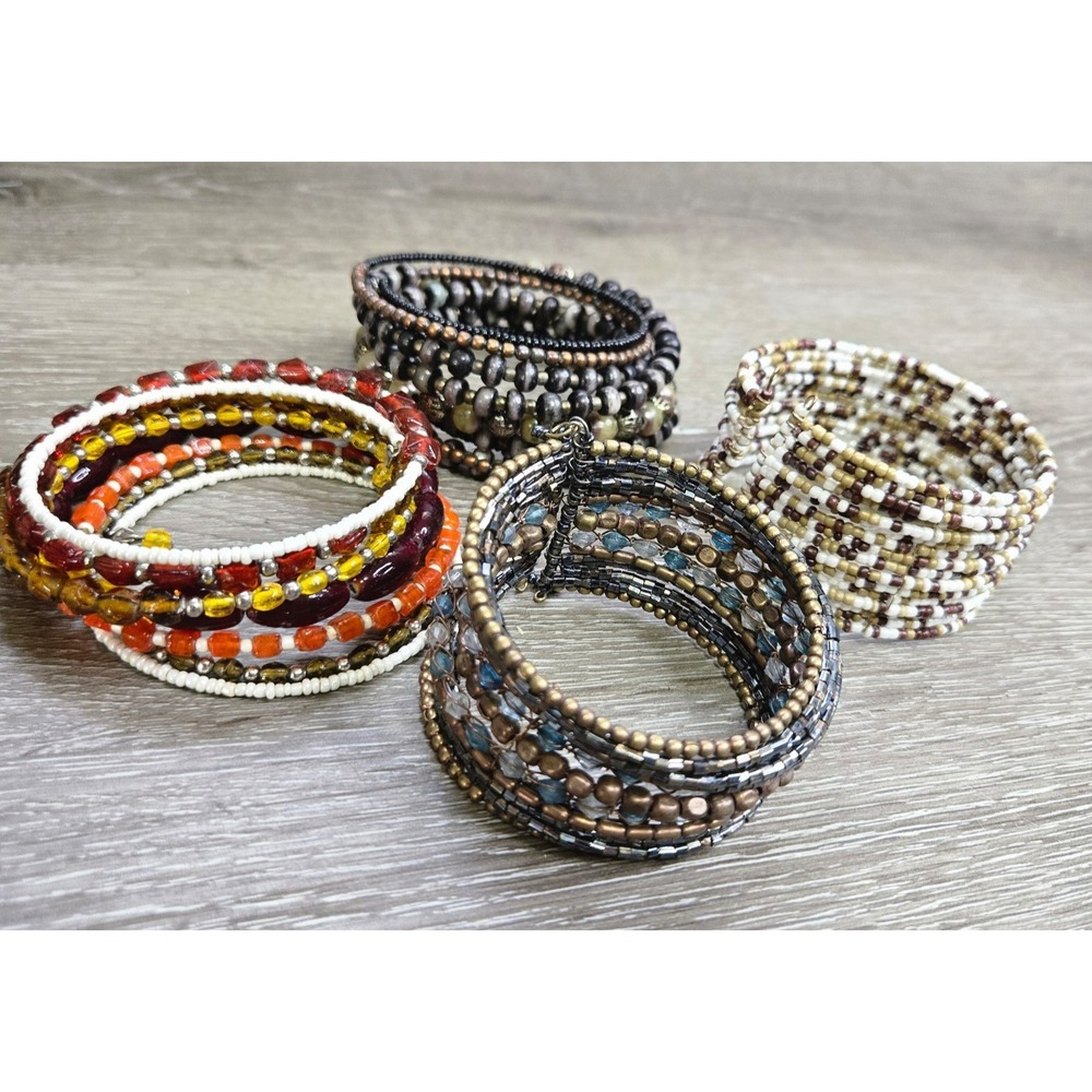 Lot of 4 Beaded Coil Wrap Bracelets Seed Bead Cuff Boho Bohemian Stack Style